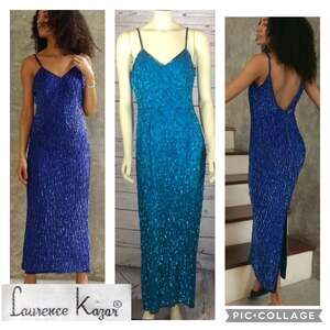 Laurence Kazar Silk Sequin blue sleeveless Maxi Dress deep V Gown size large